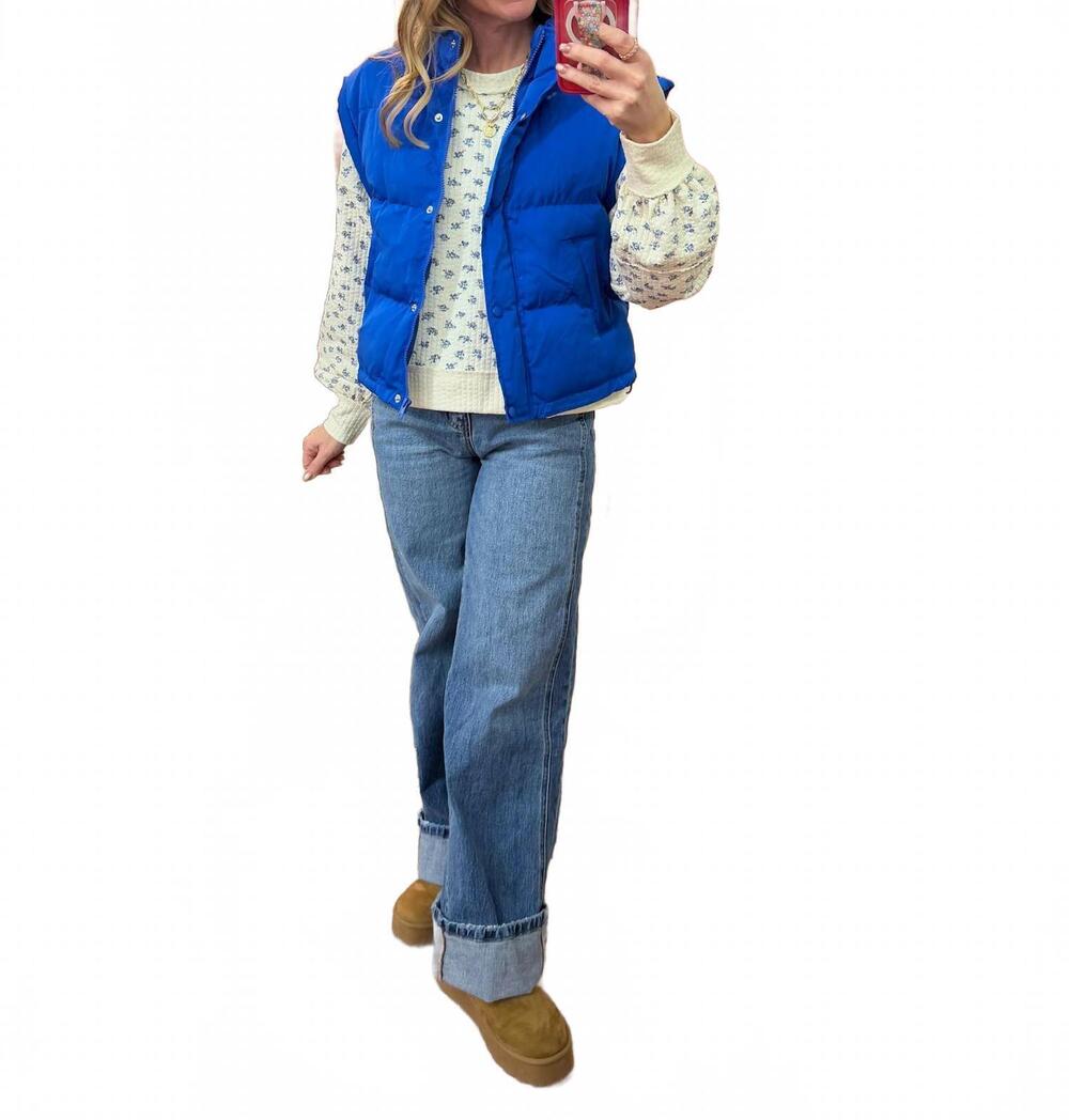 NEW VERY J mock neck casual puffer vest in royal blue